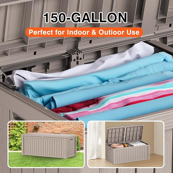 150 Gallon Outdoor Storage Cabinet, Large Outdoor Storage Box for Patio Furniture Covers, Cushion Pillows, Waterproof Deck Box with Lockable Lid for Garden Tools, Pool Accessories, Taupe-Ruum Studio Home