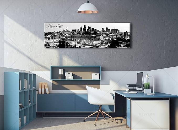 Pictures for Bedroom Black and White Wall Art Kansas City Panoramic Cityscape Skyline Canvas Art Prints for Living Room Office Home Decor Framed and Ready to Hang 13.8"x47.3"-Ruum Studio Home