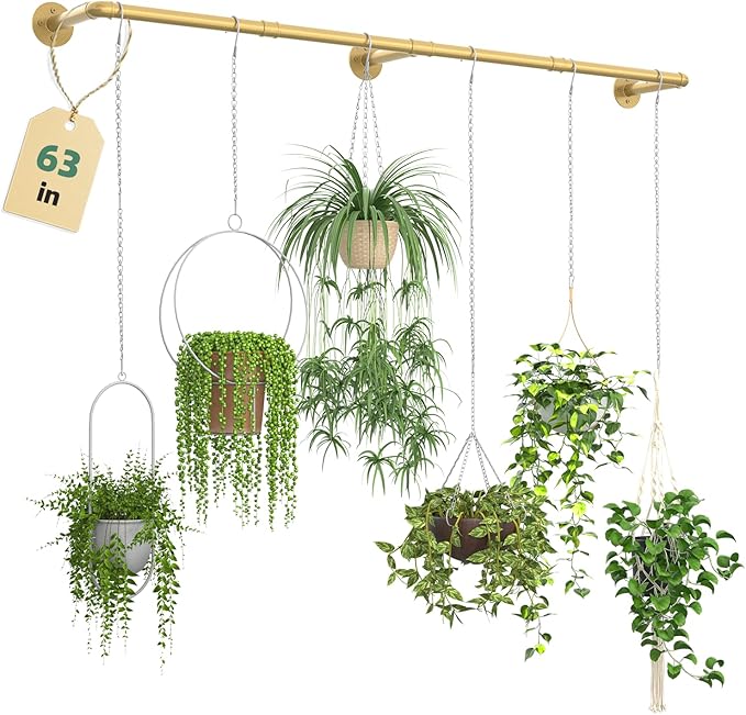 Plant Hanger Indoor Hanging Planters for Indoor Plants Hanging Plant Holder Window Plant Rod Gold Metal Shelves 63 Inch (Pot/Chains not Included-Ruum Studio Home