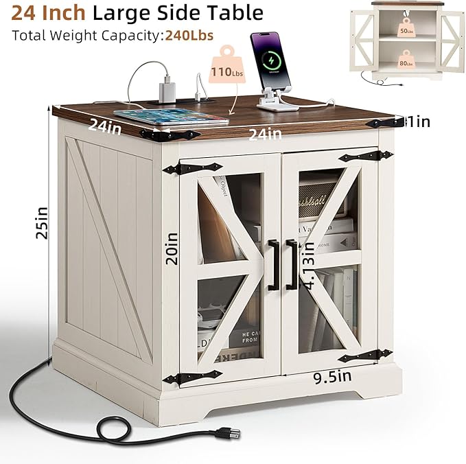 24" End Table Set of 2 with Charging Station, Farmhouse Night Stand with Glass Barn Door, Nightstands with Adjustable Storage Shelf, Large Wood Square Bed Side Table for Living Room,Bedroom-Ruum Studio Home