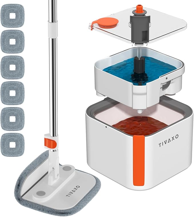 Mop and Bucket Set, Spin Mop with Self Seperates Dirty Water System, Square Mops for Floor Cleaning, 360 Rotating Foldable Standing Mop Head, Versatile Mops for Walls (Mop Bucket with 6 Pads)-Ruum Studio Home