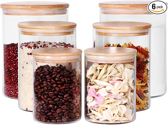 Glass flour Jars with Airtight Lids, 6 Pack Sugar and Flour Salt Containers Set, Extra Large Glass Rice Jar with Bamboo lid for Kitchen, Brown Suger, Beans, Groub Coffee (100OZ/54OZ/27OZ)-Ruum Studio Home