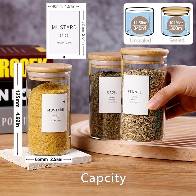 12 Pcs Glass Spice Jars With Bamboo Airtight Lids, 10oz Thicken(2.4mm) Spice Containers With 148 Minimalist Preprinted Waterproof Spice Labels, Kitchen Empty Small Storage Jars For Seasoning, Herb-Ruum Studio Home