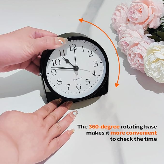Small Desk Analog Alarm Clock Battery Powered Mini Metal Nightstand Shelf Clock with Light Side Table Decor Mid Century Cute Alarm Clock for Heavy Sleepers Bedrooms Desktop Living Room Bathroom-Ruum Studio Home