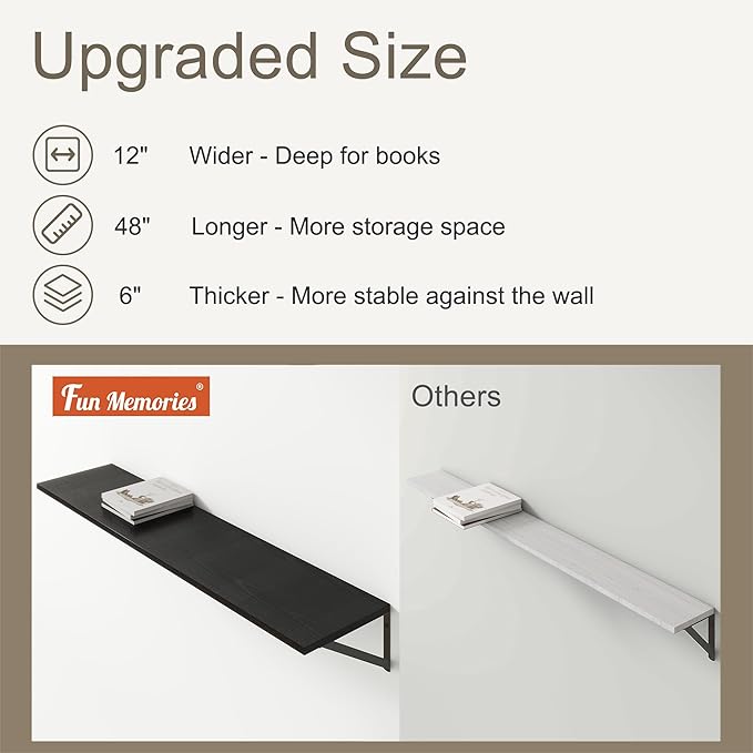 12 Inch Deep Floating Shelves, Black Floating Shelves 48W x 12D, Deep Wall Shelves Bracket Set of 2, Large Display Hanging Floating Shelf for Bathroom, Living Room, Wide Storage Wooden Wall Shelf-Ruum Studio Home