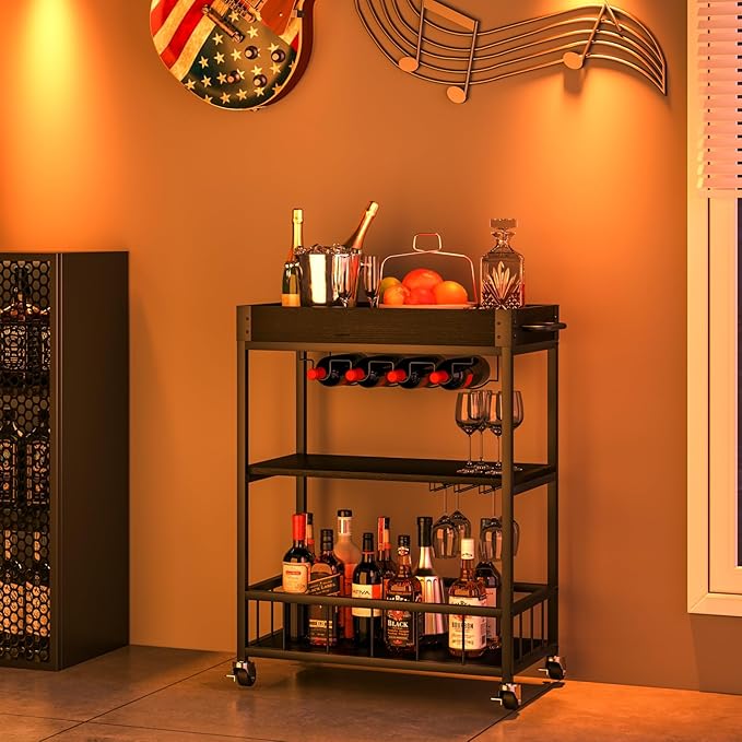 Bar Cart Serving Wine 3 Tier Home Rolling Rack with Wheels Mobile Kitchen Industrial Vintage Style Wood Metal Serving Trolley Serving Cart, Drink Cart for Living Room Kitchen-Ruum Studio Home