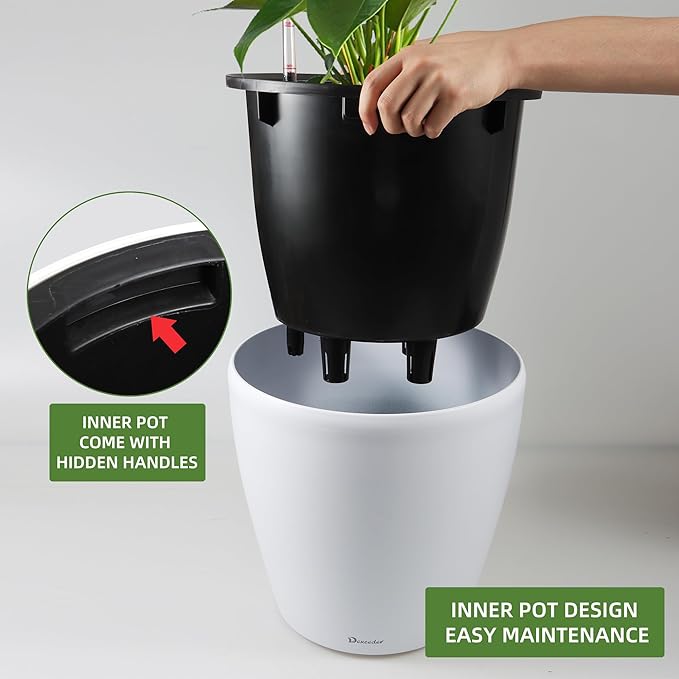Dexceder 18x17 Self Watering Planter with Wheels Indoor Outdoor, Inner Pot Design, Thickened Large Floor Standing Flower Plant Pot with Water Level Indicator (White Matte)-Ruum Studio Home