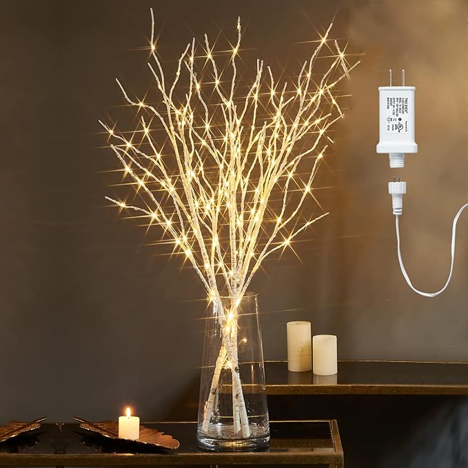 Fudios Lighted Branches 150 LED Fairy Lights with Timer 32in Plug in, Electric Lit White Birch Twigs for Vase Christmas Inside Outside Decor 1 Set-Ruum Studio Home