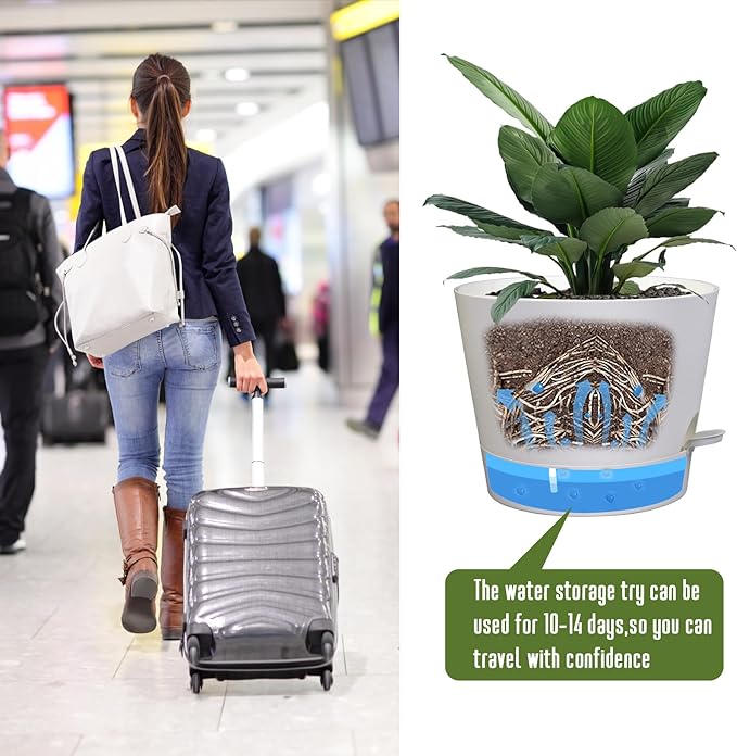 Self Watering Pots for Indoor Plants,12 inch Planters with Drainage Holes Plastic Flower Pots with Deep Reservoir, White-Ruum Studio Home