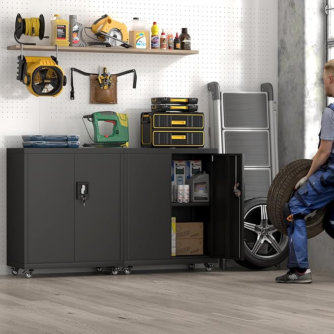 Metal Storage Cabinet with Wheels,Lockable Steel Rolling Storage Cabinet with 2 Doors for Garage,Home Office,Assembly Required,Black-Ruum Studio Home