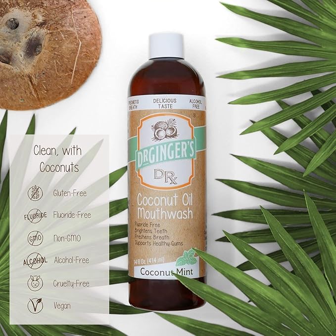 Dr. Ginger’s Coconut Oil Pulling Alcohol Free Mouthwash - Mint Flavor, 14 fl oz Support Gum Health, Tongue, and Teeth Whitening for Adults, Fluoride Free, All-Natural Oil and Xylitol for Bad Breath-Ruum Studio Home