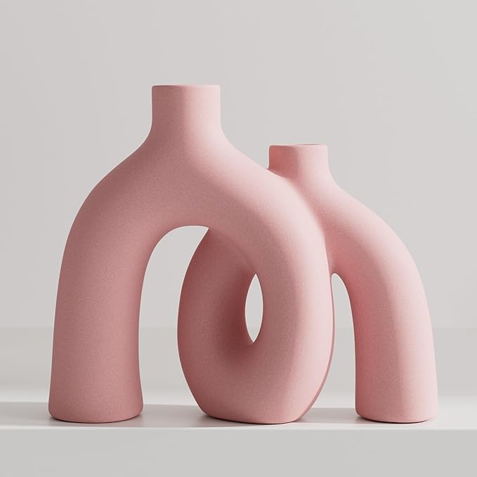 Hug Donut Decorative Vase Set - Light Pink Modern Glam Eclectic Style Vases Home Decor, Matte Ceramic Decorations for Living Room Shelf, Bookshelf Mantle Entryway Table or Console Décor(Pink)-Ruum Studio Home