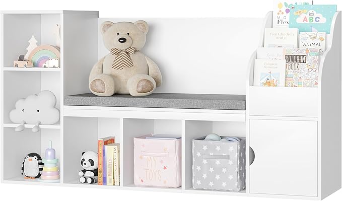 MU Kids Bookshelf with Reading Nook, Toddler Bookcase Bench with Seat Cushion and 7 Storage Cubbies, Kids Reading Nook for Boys & Girls, Toy Storage Bench Box for Bedroom, Playroom, Nursery, White-Ruum Studio Home
