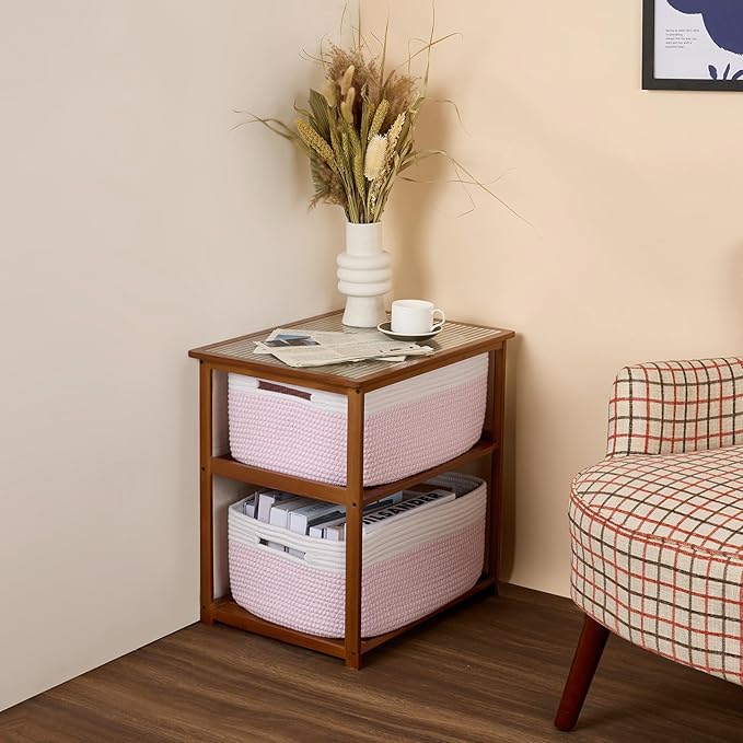 Large Storage Baskets for Organizing, Closet Shelf Baskets for Clothes Blanket Towels, Baby Nursery, Toy Bins Box, Woven Rope Baskets, 17 x 13 x 7.5”, 4 Packs Woven Pink-Ruum Studio Home