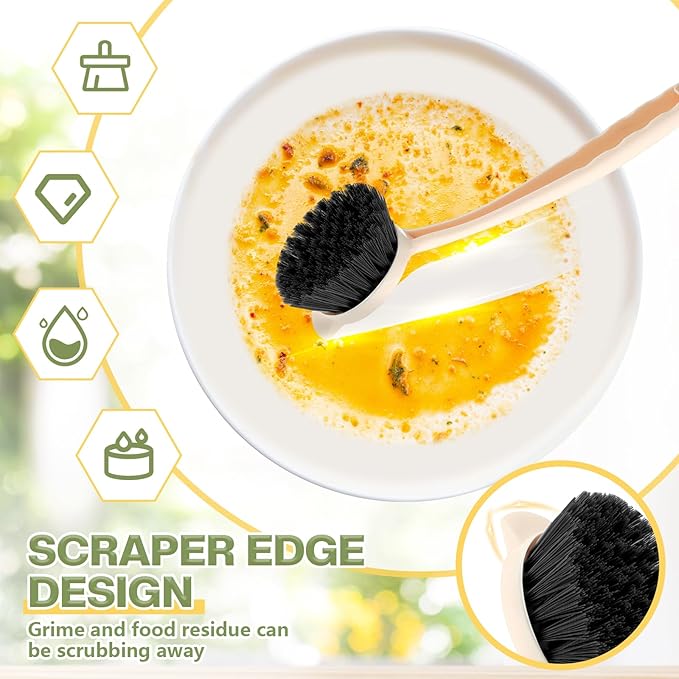 16 Pack Dish Brush with Handle Dish Scrubber Brush with Built-in Scraper Kitchen Scrub with Stiff Bristles Long Scrubber for Home Restaurant Pot Sink Washing Cleaning Supplies, Beige-Ruum Studio Home
