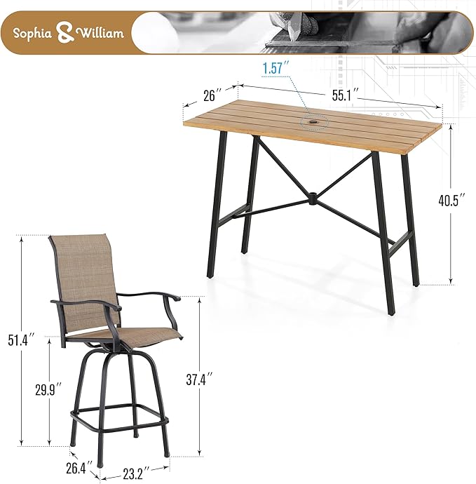 Sophia & William Outdoor Bar Set, Patio Bar Table and Chairs Set, Bar Height Patio Set - 4 x Swivel Bar Chairs(Brown), 1 x Rectangular Bar Table(Wood-Like)-Ruum Studio Home