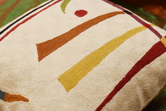 Kandinsky Contemporary Throw Pillow Cover - Cream | Modern Pillow Cases | Abstract Throw Pillows | Modern Boho Pillow | Abstract Chair Cushions | Hand Embroidered Cushion | Wool Size 18x18-Ruum Studio Home