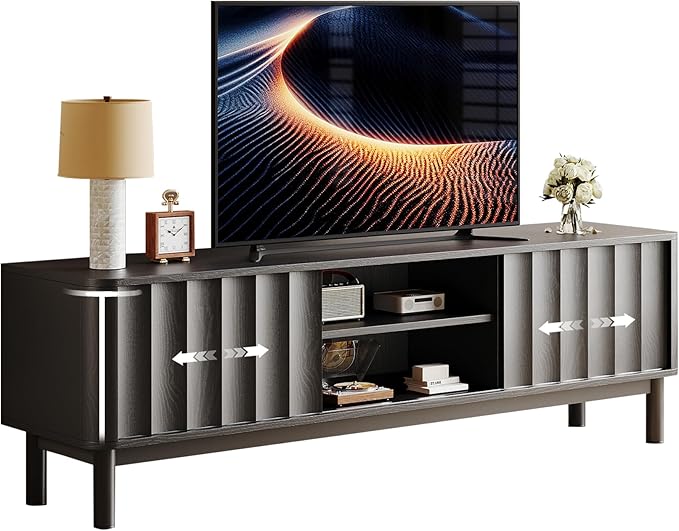 Black Mid Century Modern TV Stand, Wood Fluted Living Room TV Stands with Storage Sliding Doors, Desert-Inspired Design MCM Entertainment Center for 55 60 65 70 75 55+ 60+ 65+ 70+ Inch-Ruum Studio Home