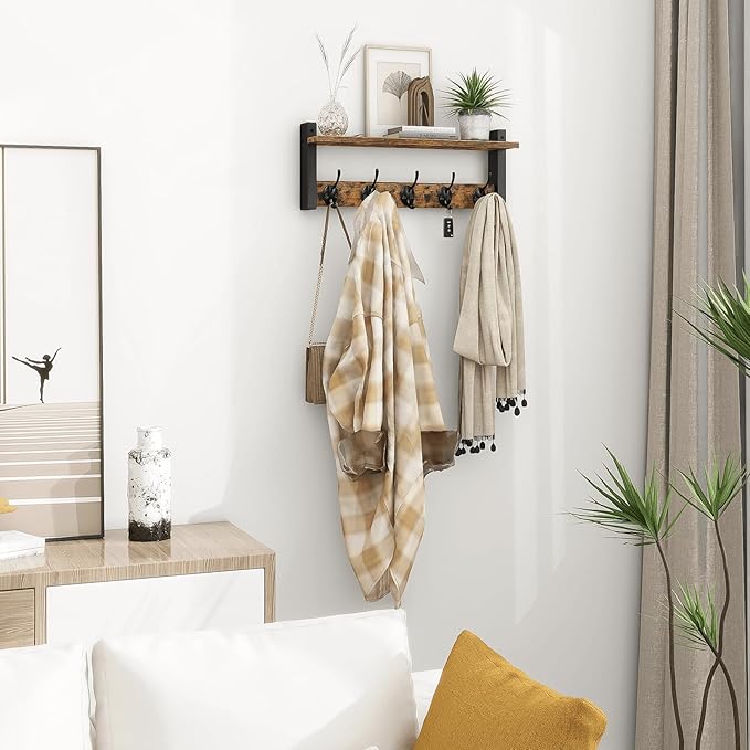 Homode Wall Hooks with Shelf, Wood Coat Rack with Shelf Wall-Mounted, Entryway Hanging Shelves with 5 Metal Hooks for Clothes Hats Towel Purse Robes, Bathroom Mudroom Bedroom, Rustic Brown Black-Ruum Studio Home