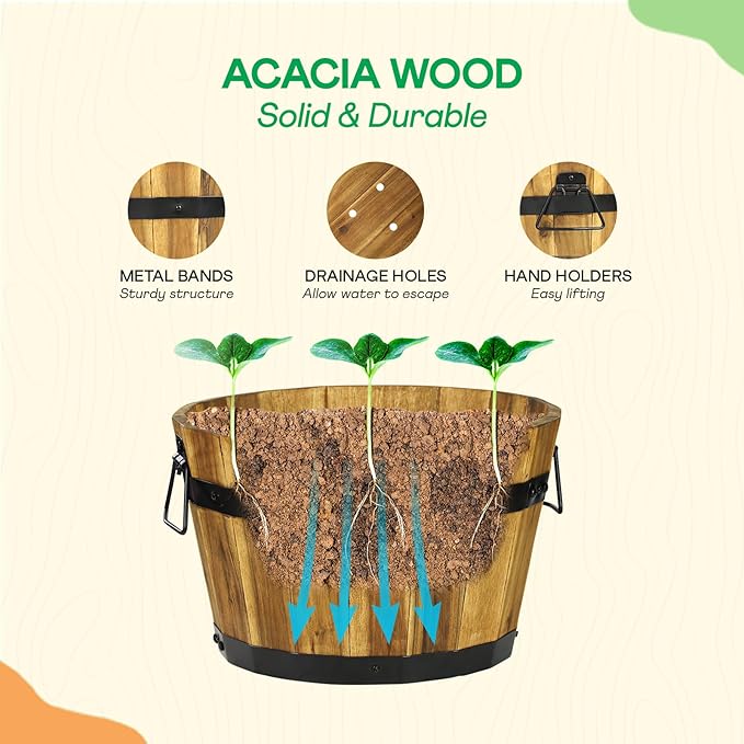 IDZO Set of 3 Wooden Flower Planters for Outdoor Plants, Acacia Wood Barrel Planters, Ergonomic Handles, Drainage Holes, Various Sizes, Golden Teak-Ruum Studio Home