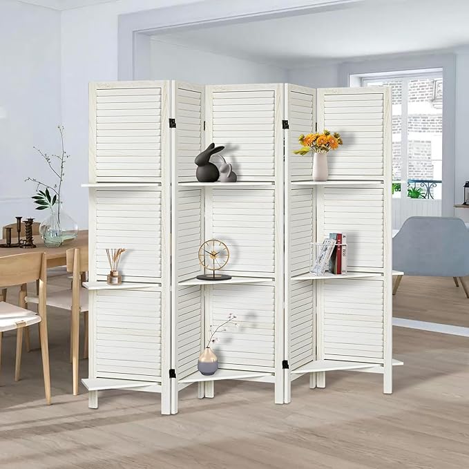 Room Divider with Shelves, Privacy Screen, Room Dividers and Folding Privacy Screens, 5 Panel Wood Temporary Wall Partition Separation Separator, White-Ruum Studio Home