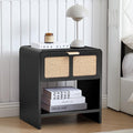 LEVNARY Nightstand with Charging Station, Mid-Century Modern Bedside Table with Curved Top Corners and Fabric-Like Textured Drawer, Wooden End Table for Farmhouse Bedroom Living Room (1, Black)-Ruum Studio Home