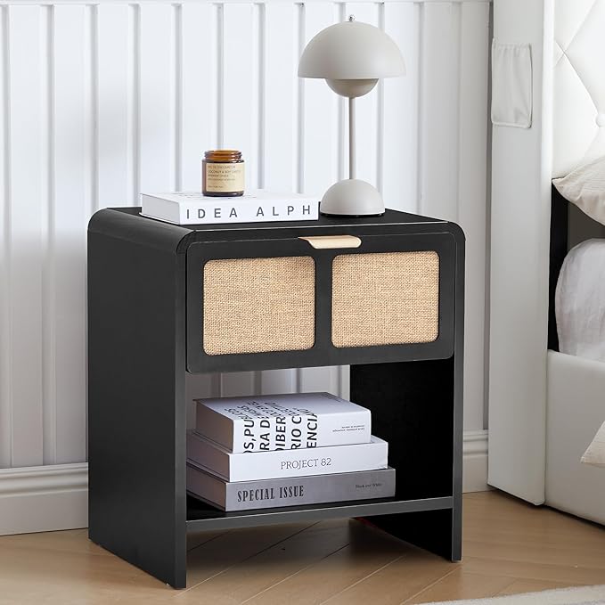 LEVNARY Nightstand with Charging Station, Mid-Century Modern Bedside Table with Curved Top Corners and Fabric-Like Textured Drawer, Wooden End Table for Farmhouse Bedroom Living Room (1, Black)-Ruum Studio Home