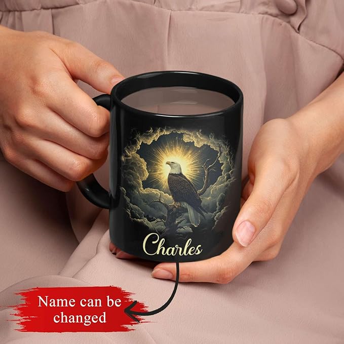 Custom Name Coffee Mug 11oz or 15oz, Unique Wildlife Art Black Cup, Personalized Eagle Ceramic Mug for Animal Lovers, Inspirational Coffee Cup with Nature Scene, Gifts for Friends-Ruum Studio Home