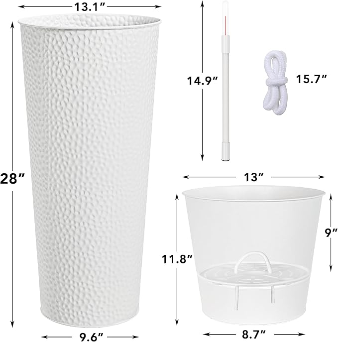 KOL 28" H. Tall Metal Cone Planters with Inner Pots 2-Pack, White Hand-Hammered Large Decor Planter for Deck, Patio, Porch - Handcrafted Flower Pot - with Water Level Indicator - Indoor Outdoor Use-Ruum Studio Home