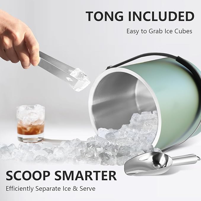 3L Ice Bucket with Silicone Lid, Scoop, Tongs & Strainer, Stainless Steel Double Wall Insulated Ice Buckets for Parties & Cocktail Bar, Outdoor Champagne Ice Container Bin, Dusty Green-Ruum Studio Home