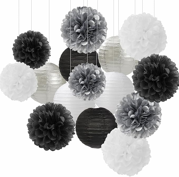 Black White Silver Party-Decorations Paper Flowers Lanterns - 15PCS Birthday Halloween Wedding Tissue Pom Poms Streamers, Halloween Prom Baby Shower Bachelorette Hanging Supplies Decor Hugfond-Ruum Studio Home