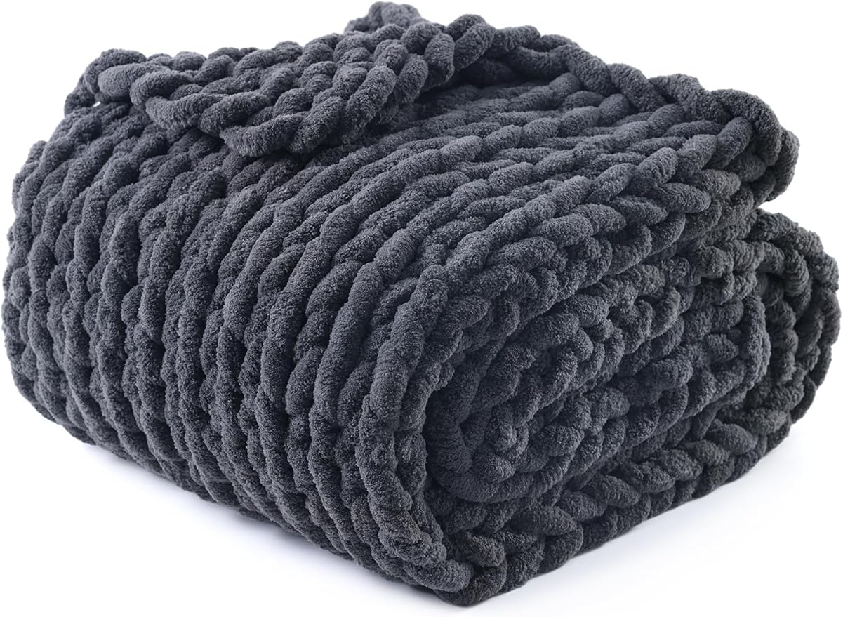 YnM Chunky Throw Blanket, Medium-Weight, Hand Knitted with Chenille Yarn, Skin Friendly, Ventilated and Breathable, Machine Washable, Home Décor Piece for Couch, Sofa and Bed (Lava Grey, 60x80 Inch)-Ruum Studio Home