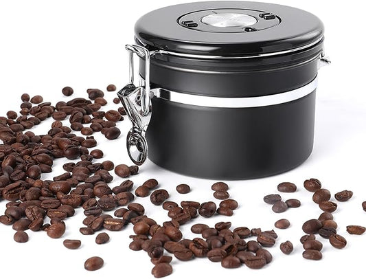 malmo Coffee Canister, Airtight Coffee Container with Date Tracker Lid, Stainless Steel Canister for Kitchen Food Storage (Black, 9oz)-Ruum Studio Home