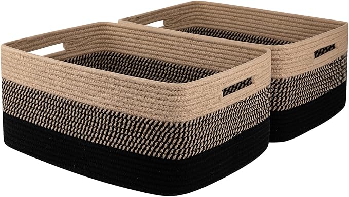 Large Storage Basket for Organizing, Woven Rope Basket for Shelves, Closet Organizer Bins for Clothes, Blanket, Toys, Baby Nursery Storage, 17.7" x 13" x 7.87", 2 Packs Black & Brown-Ruum Studio Home