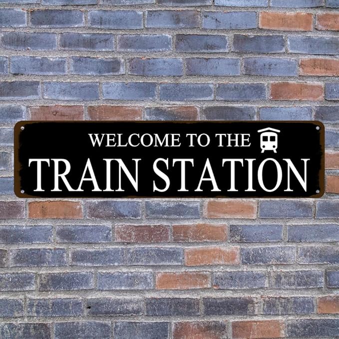 Rustic Train Station Sign Vintage Metal Tin Sign Welcome To The Train Station Signs Train Decor Home Bar Pub Poster Wall Art Decorative 4x16 Inch-Ruum Studio Home