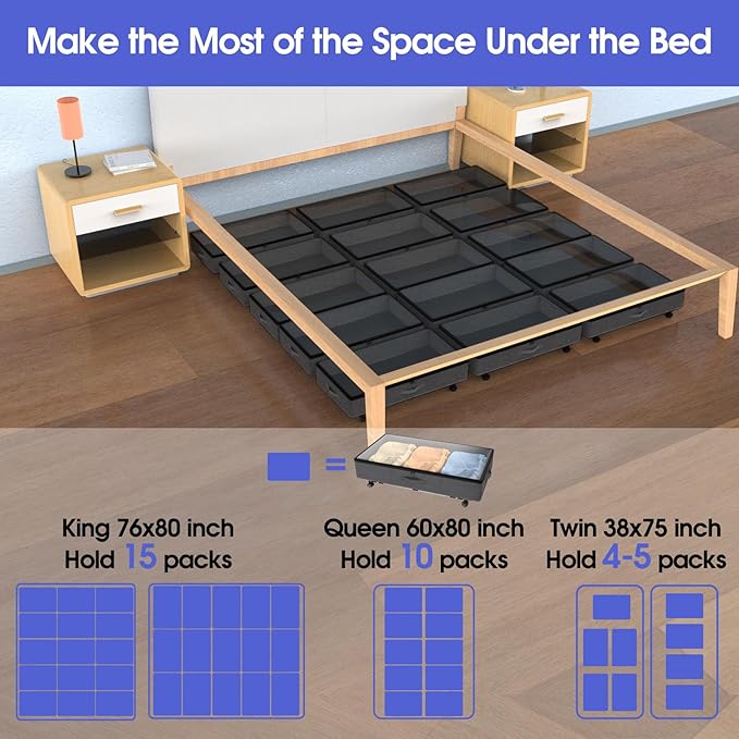 Under Bed Storage with Wheels, 2 Pack Under Bed Storage Containers with Transparent Lid, 50L Large Capacity Underbed Storage Containers, Underbed Storage Bins for Clothes, Shoes, Books, Toys, Black-Ruum Studio Home