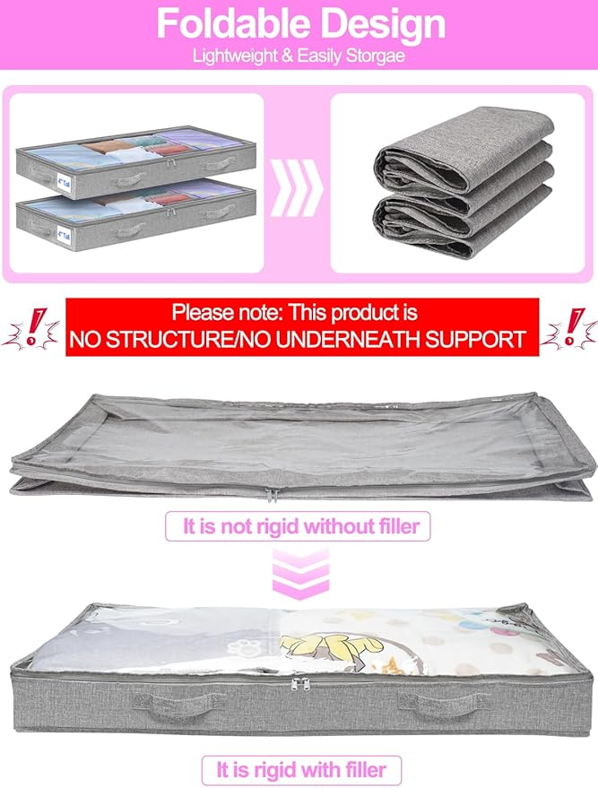 punemi 4pcs Under Bed Storage Containers, Below 4 Inches Tall Low Profile Underbed Storage, NO STRUCTURE, Soft Foldable Underbed Cloth Storage Bags, Zipper Blanket Storage Container, 20x40x3.7in-Ruum Studio Home