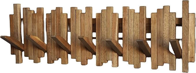 Natural Wood Wall Mounted Piano Coat Rack| Coat Rack Wall Mount| Flip Down Wall Hook Rack 7 Hooks| Entryway Wall Art Hook,Made of Acacia Wood (Wood Wax Oil staining Light Brown).-Ruum Studio Home