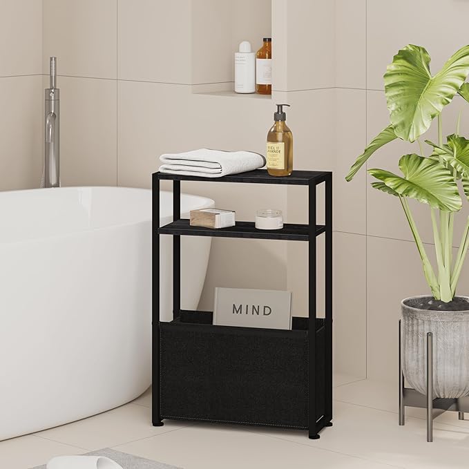 Black Side Table, Slim Side Table with Magazine Rack, Bathroom Table for Small Spaces, Narrow Bedside Table for Living Room, Bedroom-Ruum Studio Home