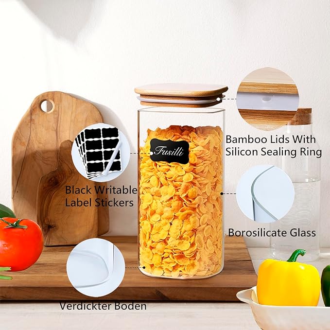 Square Glass Jars Canister with Wood Lid 50 FL OZ [Set of 3], Container Jar with Sealing, Lids for Oat Pasta Flour Cereal Rice Sugar Tea Coffee Beans, Best for Kitchen & Pantry-Ruum Studio Home