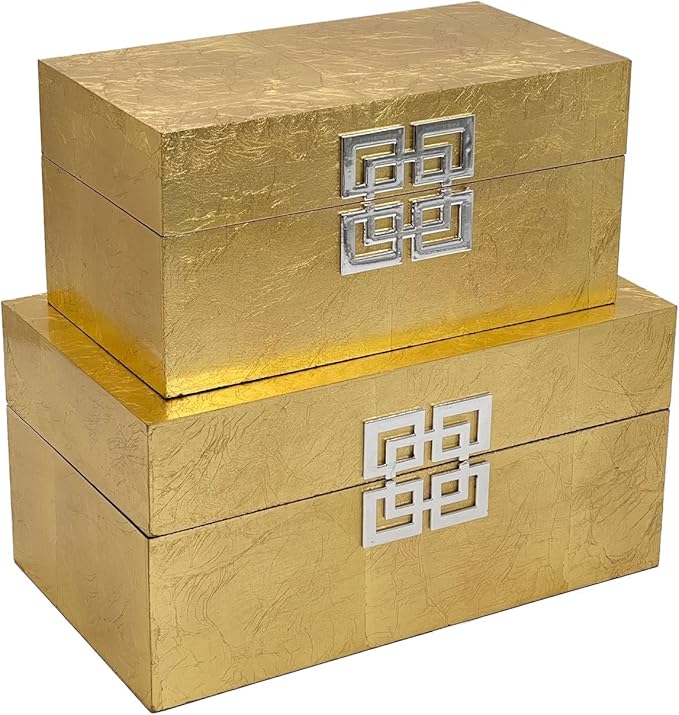 Galt International Storage Box Set Decorative Storage Box w/Hinged Lid Classic Design Wood Decor Boxes with Geometric Clasp Storage for Bedroom & Home - Set of 2 (Gold Leaf)-Ruum Studio Home