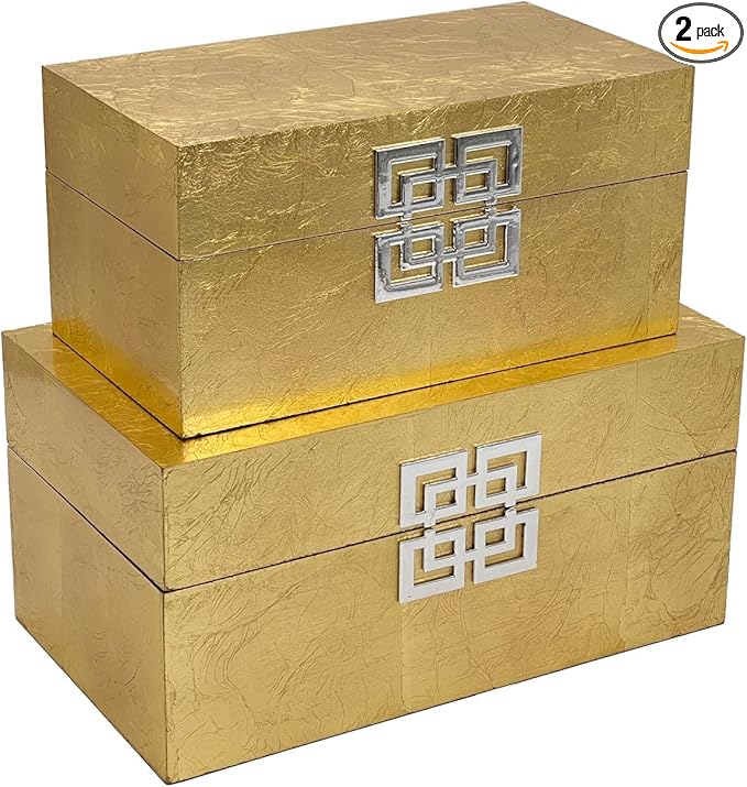 Galt International Storage Box Set Decorative Storage Box w/Hinged Lid Classic Design Wood Decor Boxes with Geometric Clasp Storage for Bedroom & Home - Set of 2 (Gold Leaf)-Ruum Studio Home