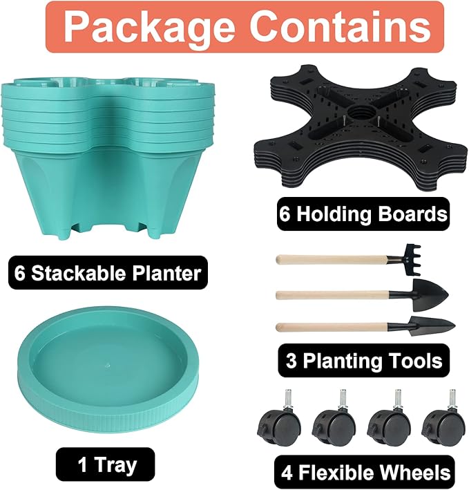 Vertical Planter 6 Tier Stackable Planters Garden Planters Strawberry Herb Flower and Vegetable Planter Indoor Outdoor Gardening Pots with Removable Wheels and Tools-Ruum Studio Home