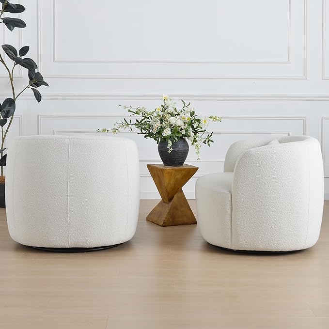 KINWELL 34" Wide Sherpa Swivel Barrel Chairs Set of 2, No Assembly Round Boucle Upholstered Accent Chairs Armchairs Single Sofa Chair with Toss Pillow for Living Room and Bedroom, Beige-Ruum Studio Home