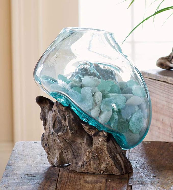 Hand Blown Molten Glass & Teak Wood Terrarium/Vase/Fish Bowl - Premium Quality (7" - 9" High)-Ruum Studio Home