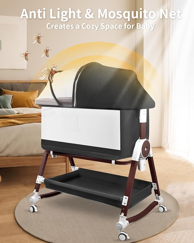 4 in 1 Baby Bassinet, Bassinets Bedside Sleeper with Wheels and Storage Basket, Adjustable 7 Heights Bedside Sleeper with Mosquito Net, Breathable Mesh Rocking Bassinet for Baby-Ruum Studio Home