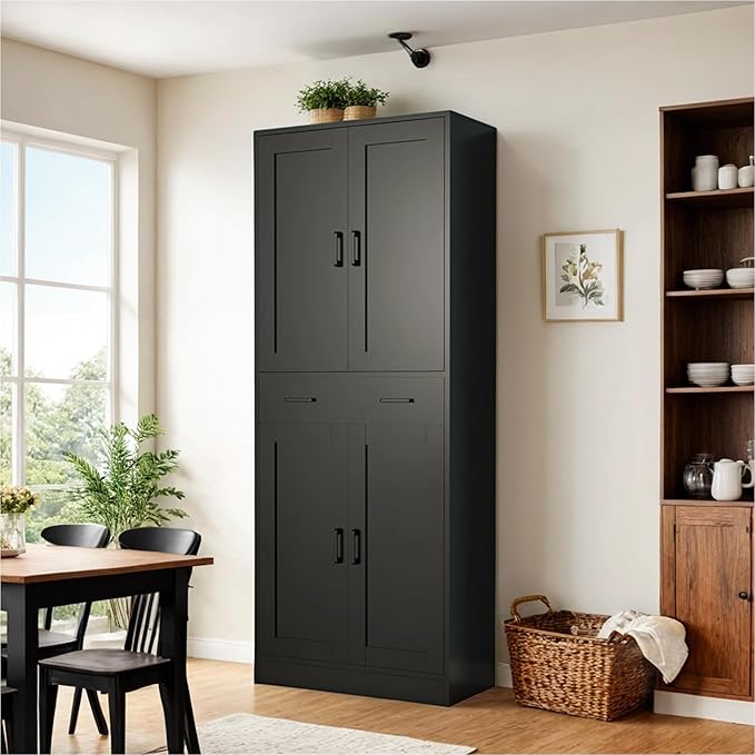 Black Kitchen Pantry, 71" Tall Storage Cabinet with Doors and Drawer for Kitchen, Hallway, Office-Ruum Studio Home