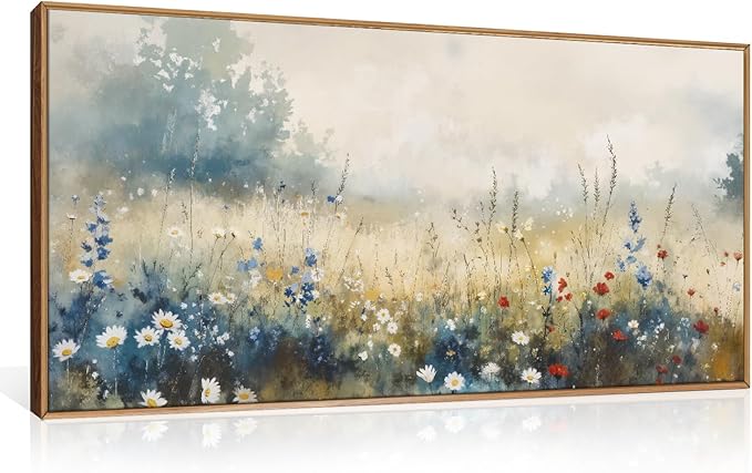 Nature Wildflower Framed Canvas Wall Art Set, Pastoral Landscape Wall Decor, Colorful Meadow Wall Painting, Rustic Floral Art Print for Living Room, Bedroom, Office - 20"X40"-Ruum Studio Home