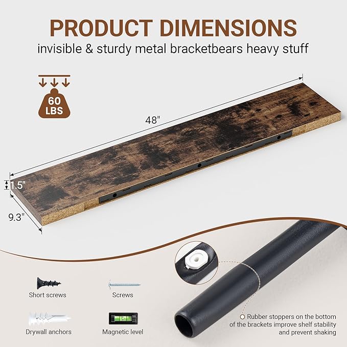 Floating Shelves for Wall 48 Inches Long,9.3" Deep Rustic Brown Floating Shelf Set of 2,Wall Mounted Wood Shelves for Bathroom Bedroom Living Room Kitchen Office,Shelf for Books Storage Room Decor-Ruum Studio Home