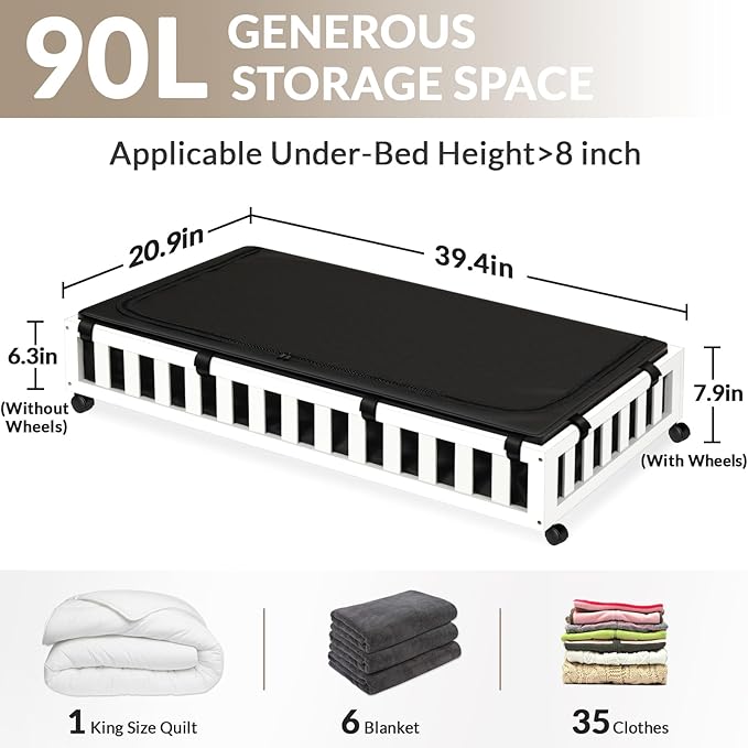 2 Pack Bamboo Under Bed Storage with Wheels, 39”x20”x7.8” Lager Under Bed Storage Containers (White)-Ruum Studio Home